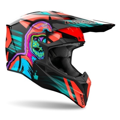 Capacete de motocross colorido com design gráfico e interior preto