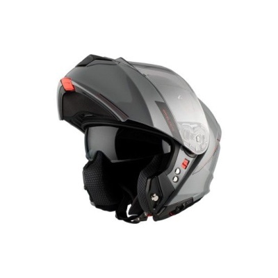 Capacete de motocicleta modular cinzento com viseira escura e interior acolchoado preto