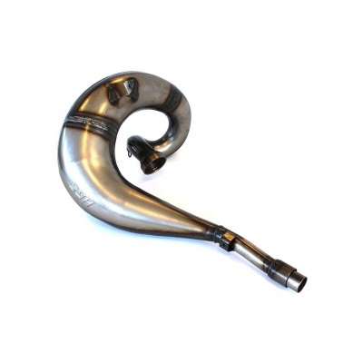Escapamento para motocicleta em aço inox curvo sobre fundo branco