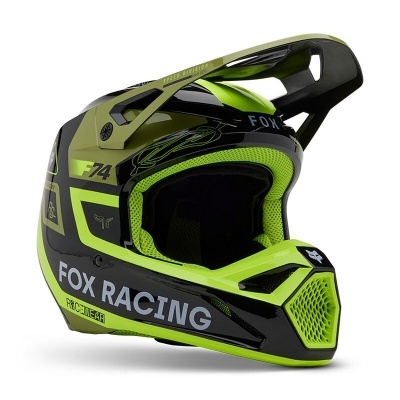 Capacete integral preto e verde fluorescente com texto FOX RACING