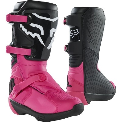 Botas de motocross cor de rosa e preto com fivelas e logo Fox.