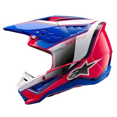 Capacete integral motocross azul, vermelho e branco com detalhes em preto e cinza