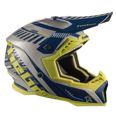 Capacete integral azul, amarelo e cinza para motocross com texto e padrões geométricos