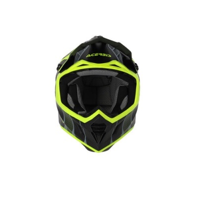Capacete de motocross preto e amarelo fluorescente com interior acolchoado cinza