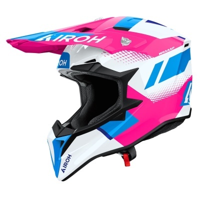 Capacete de motocross rosa, branco e azul com logótipo AIROH