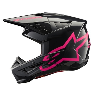 Capacete integral preto com detalhes cor-de-rosa e padrão estrela.