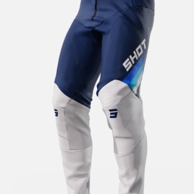 Calças desportivas azul e branco com escrita SHOT