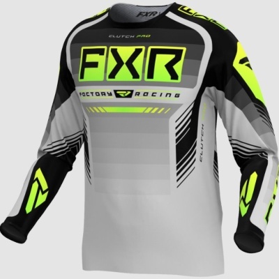 Camisola por fora cinza claro com detalhes em preto e amarelo com texto FXR e FACTORY RACING