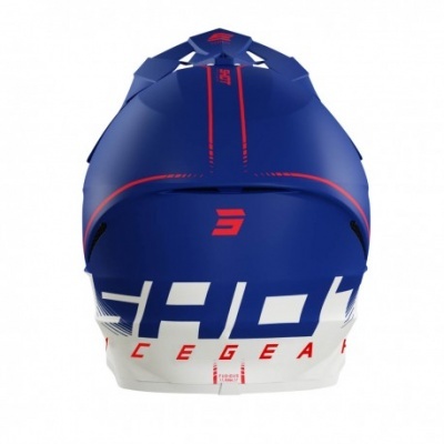 Capacete azul e branco com texto 'SHOT RACE GEAR' na parte traseira