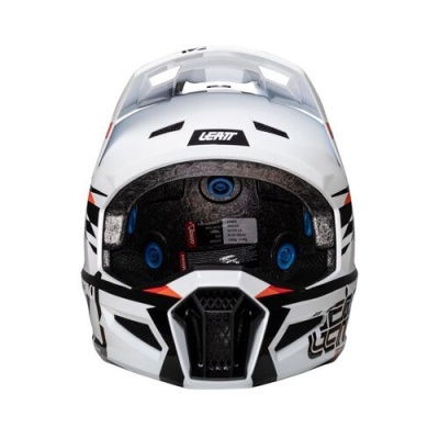 Capacete integral branco com detalhes pretos e laranja, e interiores visíveis