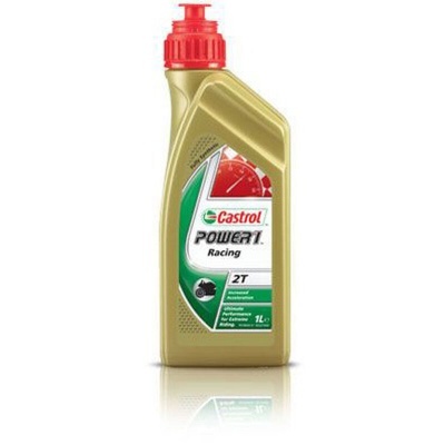 Frasco de óleo Castrol POWER1 Racing 2T dourado com tampa vermelha