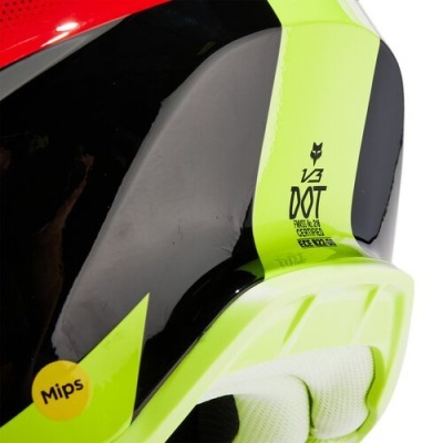 Casco de bicicleta preto, vermelho e verde fluorescente com etiqueta Mips e texto V3 DOT