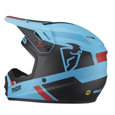 Capacete integral motocross azul e preto com detalhes vermelhos e logótipos THOR e VECTOR