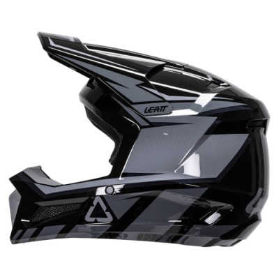 Capacete integral preto com detalhes cinza e texto LEATT na lateral