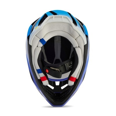 Capacete motocross azul, branco e preto com interior acolchoado colorido