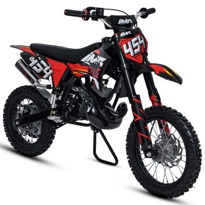 Moto de motocross infantil preta e vermelha com número 454