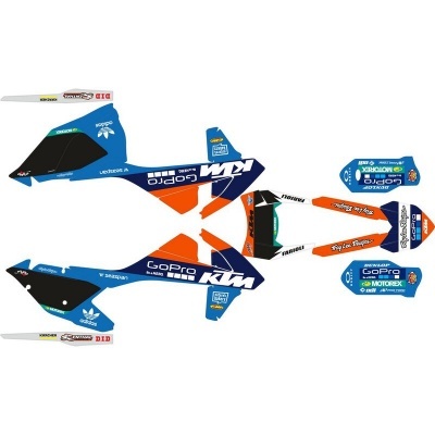 Conjunto de autocolantes para carenagens de motocicleta com cores azul, preto, branco e laranja e logótipos de marcas conhecidas.