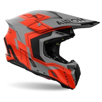 Capacete de motocross AIROH cinza e laranja com padrões geométricos