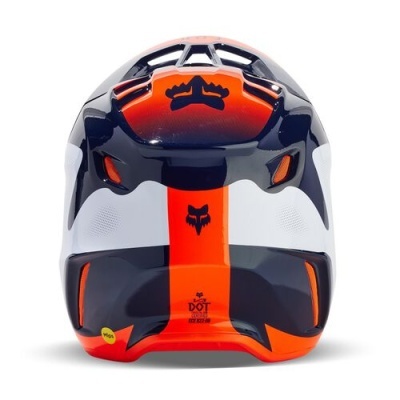 Capacete preto, branco e laranja com símbolos pretos e detalhes de ventilação