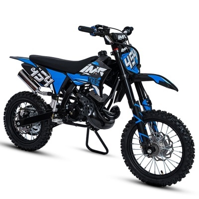 Motocross elétrica infantil azul e preta com pneus de borracha e texto IMR 116 55 429