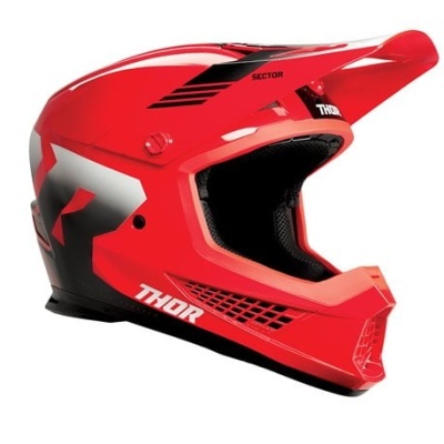 Capacete de motocross vermelho com detalhes pretos e cinzentos e texto THOR e SECTOR