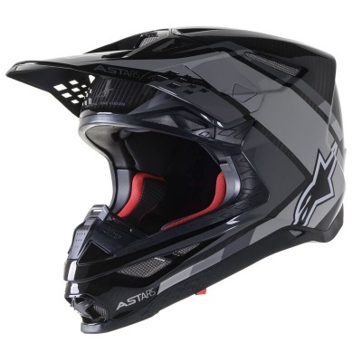 Capacete integral preto e cinza para motocross com detalhes em vermelho no interior