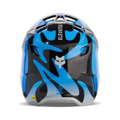 Capacete de motocross azul e preto com texto ELEVATED e logo de raposa