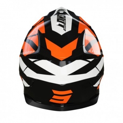 Capacete motociclismo preto, branco e laranja com padrão geométrico