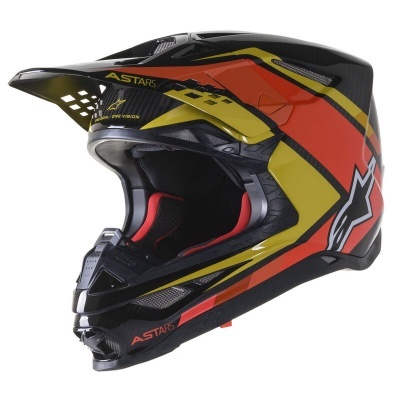 Capacete integral motocross preto com amarelo e vermelho e marca ASTARS