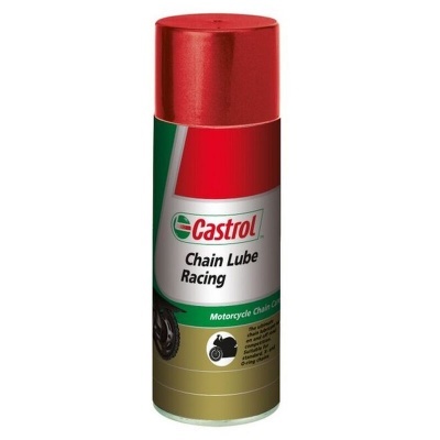 Lata de spray Castrol Chain Lube Racing para corrente de motocicleta com tampa vermelha.