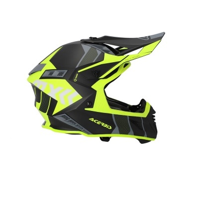Capacete motocross preto, cinzento e amarelo fluorescente com padrões geométricos