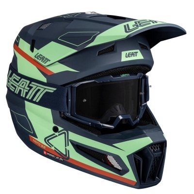 Capacete motocross verde claro e azul escuro com óculos integrados e texto LEATT
