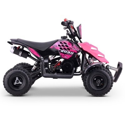 Moto de todo-o-terreno infantil preto e rosa com texto ROAR RAPTOR 49CC