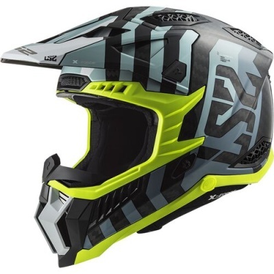 Capacete de motocross cinza, preto e amarelo fluorescente com viseira e ventilações