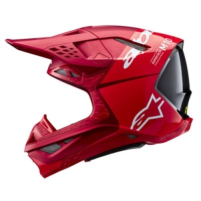 Capacete vermelho integral de motocross com visor preto e texto branco