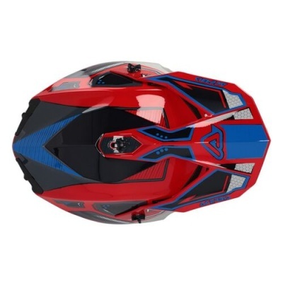 Capacete motocross vermelho e azul com padrões geométricos