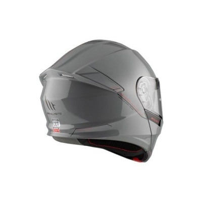 Capacete integral cinza mate com viseira transparente e detalhes em preto e vermelho