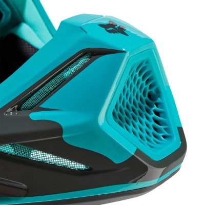 Ponteira de capacete azul turquesa com detalhes em preto e textura de grade