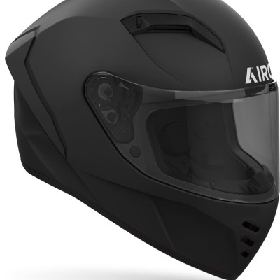 Capacete de moto integral preto mate com viseira transparente e logótipo AIRO