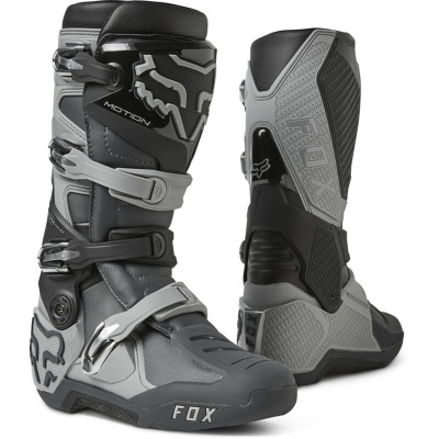Botas cinzentas e pretas de motocross Fox Motion com fecho de fivela