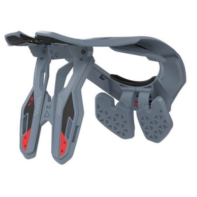 apoio de pescoço cinza com apoios triangulares e detalhes vermelhos