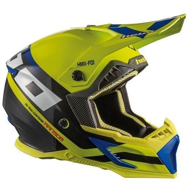 Capacete integral amarelo com detalhes em azul e preto para motocross