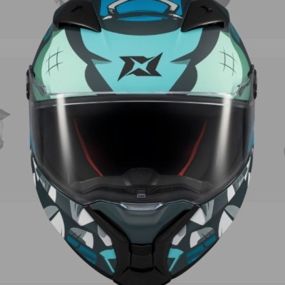 Capacete integral colorido azul e verde claro com viseira escura