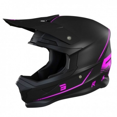 Capacete integral de motocross preto com detalhes roxos