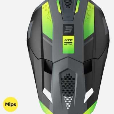 Capacete preto e verde com texto e selo Mips