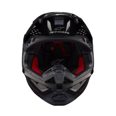 Capacete integral preto Alpinestars com detalhes vermelhos e ventilação