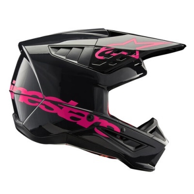 Capacete motocross preto com detalhes rosa e logótipo Alpinestars