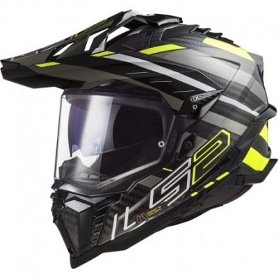 Capacete integral preto com detalhes amarelo fluorescente e visor escuro
