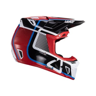 Capacete motocross Leatt vermelho, preto, branco e azul com logótipo