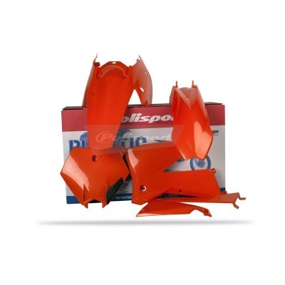 Peças plásticas laranja para moto sobre caixa POLISPORT